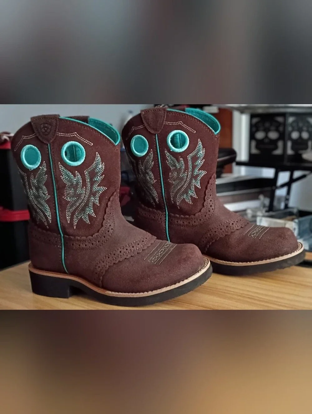 Ariat Kids Fatbaby Western Cowboy Boots Size 1 Youth Brown & Teal